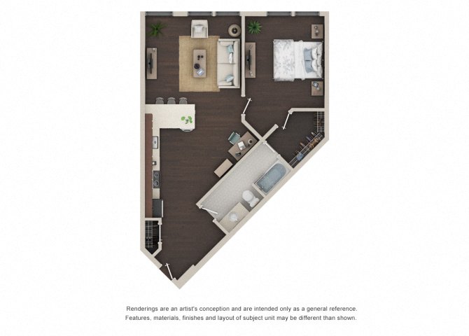 Floor plan for 1 bed, 1 bath, 727 sqft
